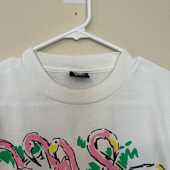 Vintage 80s Screen Stars Best Flamingo print white & pink single stitch T shirt - Picture 9 of 11